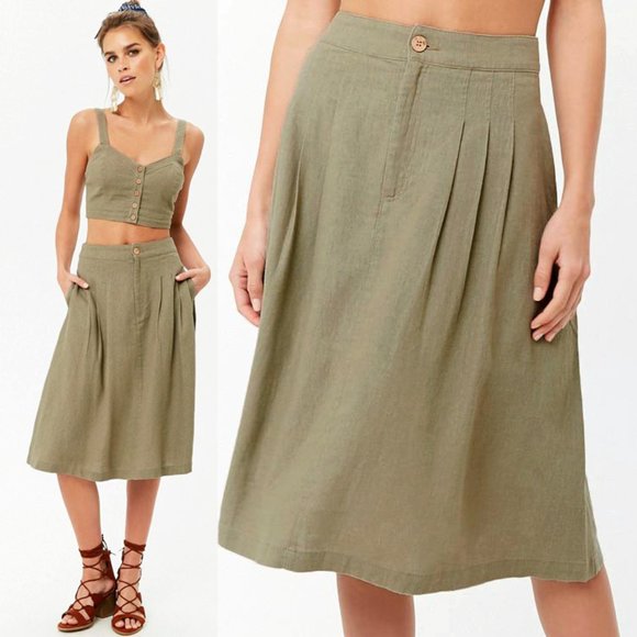 Forever 21 Dresses & Skirts - Light Olive Sage Linen Pleated A Line Midi Skirt